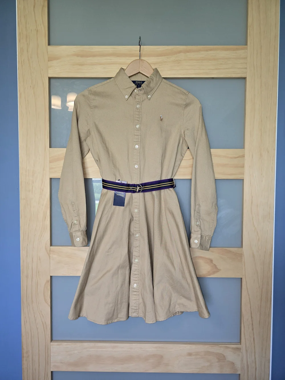 Ralph Lauren Khaki Button-Front Chino Shirt Dress with Navy+Purple & Gold Belt